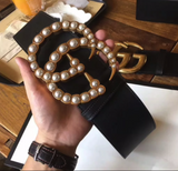 Gucci Wide leather belt with pearl Double G